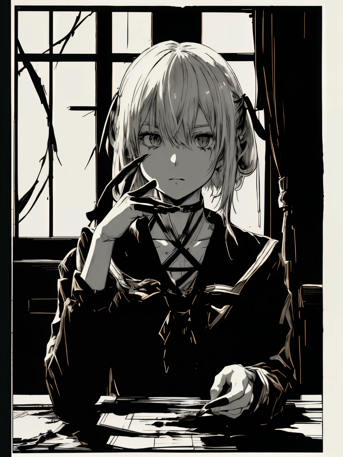 ノートを手に持つ、v5lcn style,Ink Art,(highest quality,Tabletop:1.2),(Black and white comic core:1.1),(extremely high contrast),Dark ink,One Girl,Shadow on face、8K,solve,high school girl,Sailor Suit,