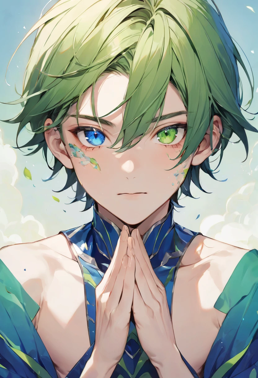 boy 16 years old, very vesnushek on face, back, shoulders and palms, Heterochromia of the eyes, The right eye is blue, and the left one is green