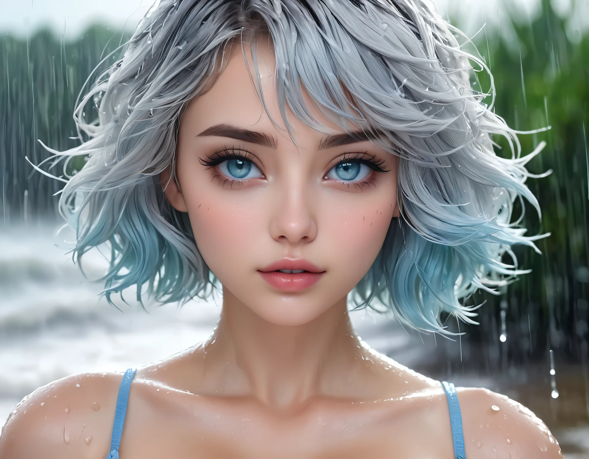 (best quality, masterpiece :1.3), pretty Woman, 1 girl, (Large Breasts, Beautiful clavicle, Attractive figure :1.2), short hair, Wavy ends, Silver hair gradient light blue hair, messy hair, single sidelock, (wet from rain, get wet by rain, wet :1.2), Sky blue gradient cyan eyes, pupils reflect surroundings, super detailed face, delicate lips, exquisite eyes, double eyelids, long upper eyelashes, upturned eyes, pupils sparkling, 16k, high details