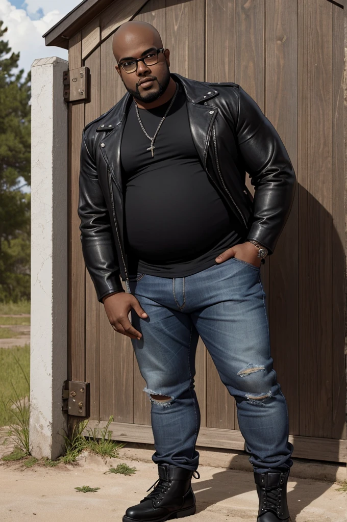 a man with dark skin, fat (overweight), bald (shaved head), black beard, medium height, with square-rimmed glasses, wearing rocker-style clothing with a black leather jacket without a shirt underneath and pants tight jeans with a chain on the front and a cloth hanging on the back and wearing black combat boots, playing the Gibson Les Paul Standard guitar, with a prominent posture in front of an isolated and small white church surrounded by a white wooden fence in a deserted terrain, front view, full body, close-up