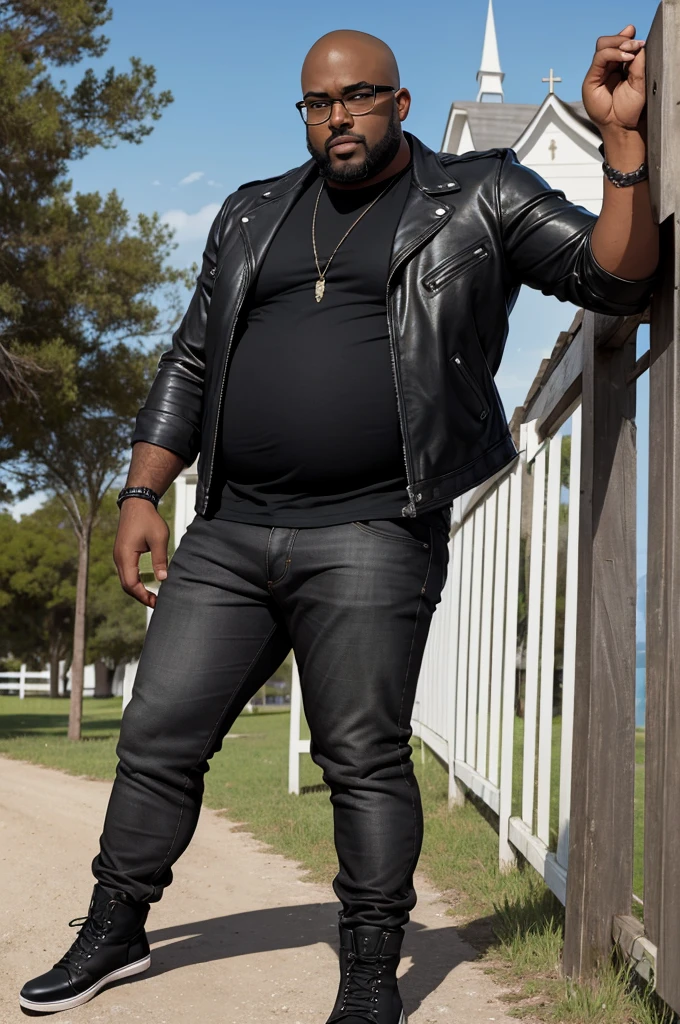a man with dark skin, fat (overweight), bald (shaved head), black beard, medium height, with square-rimmed glasses, wearing rocker-style clothing with a black leather jacket without a shirt underneath and pants tight jeans with a chain on the front and a cloth hanging on the back and wearing black combat boots, playing the Gibson Les Paul Standard guitar, with a prominent posture in front of an isolated and small white church surrounded by a white wooden fence in a deserted terrain, front view, full body, close-up