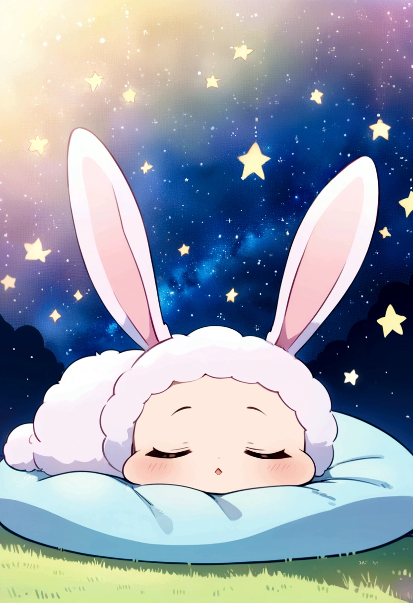 cute,Sleeping baby Easter bunny, Perfectly round,fluffy、masterpiece, Highest quality, Anime Disney Style、Starry Night,Sleeping baby rabbit,On a soft cushion。pastel colour