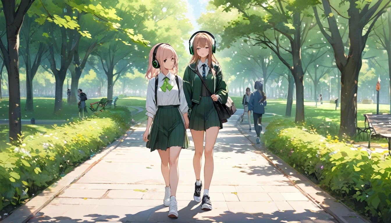 (Highest quality), One high school girl,,Headphones,Walking in the park,Fresh greenery