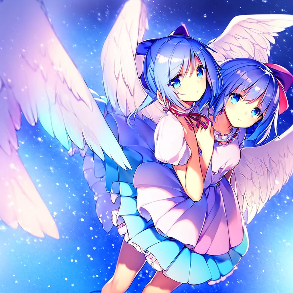masterpiece, best quality, 1girl, , , 10 years old, medium blue hair, hair flaps, pink ribbon on head, well-formed face, blue eyes, angel girl, white blouse, puffy short sleeves, red ribbon, angel wings, long white skirt, red shoes, frills, ribbon head