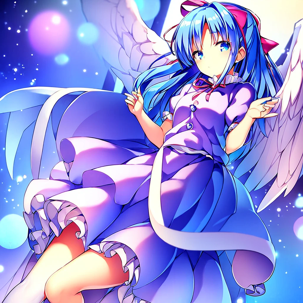 masterpiece, best quality, 1girl, , , 10 years old, medium blue hair, hair flaps, pink ribbon on head, well-formed face, blue eyes, angel girl, white blouse, puffy short sleeves, red ribbon, angel wings, long white skirt, red shoes, frills, ribbon head