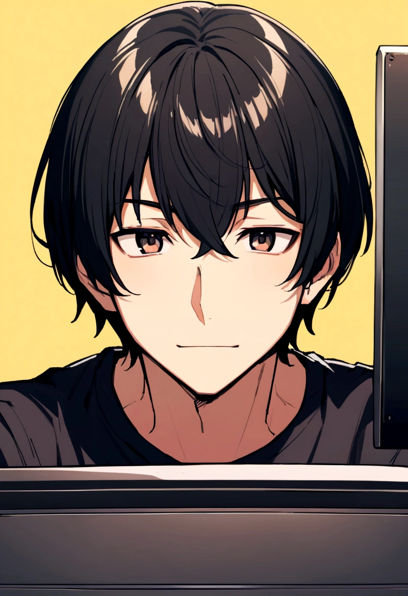 Man in his 30s、PC Engineer、Berry Shortcut、Black Hair、Yellow background、Anime Face、Portrait、Looking at me、T-Shirts、Typing on a computer