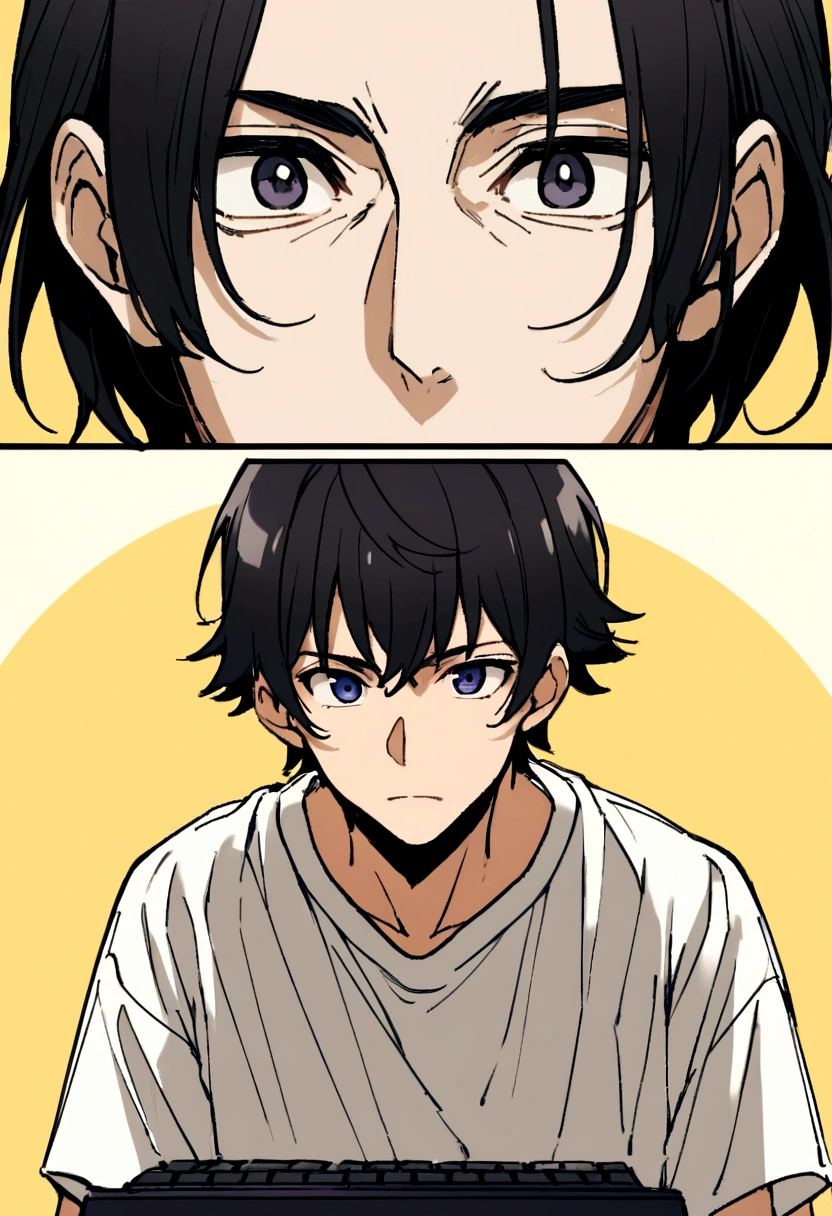 Man in his 30s、PC Engineer、Berry Shortcut、Black Hair、Yellow background、Anime Face、Portrait、Looking at me、T-Shirts、Typing on a computer