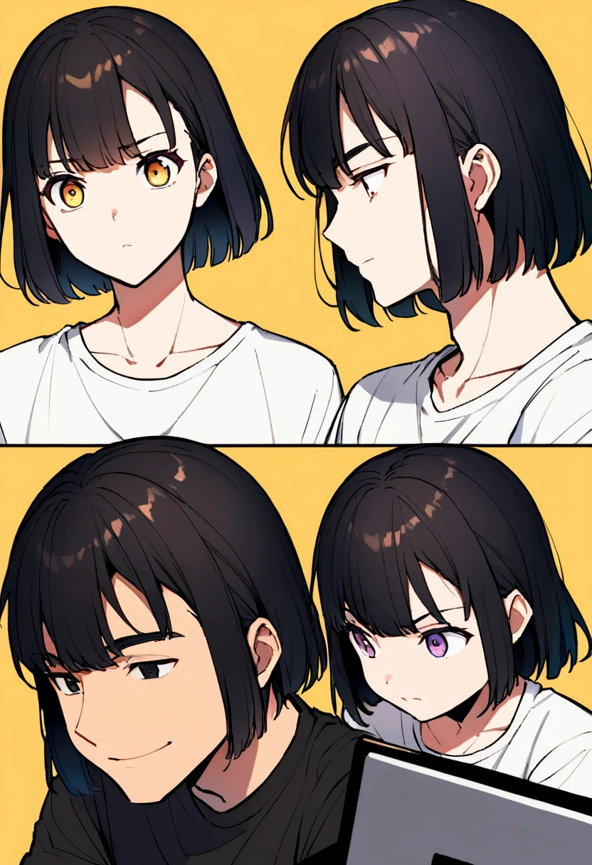 Man in his 30s、PC Engineer、Berry Shortcut、Black Hair、Yellow background、Anime Face、Portrait、Looking at me、T-Shirts、Typing on a computer
