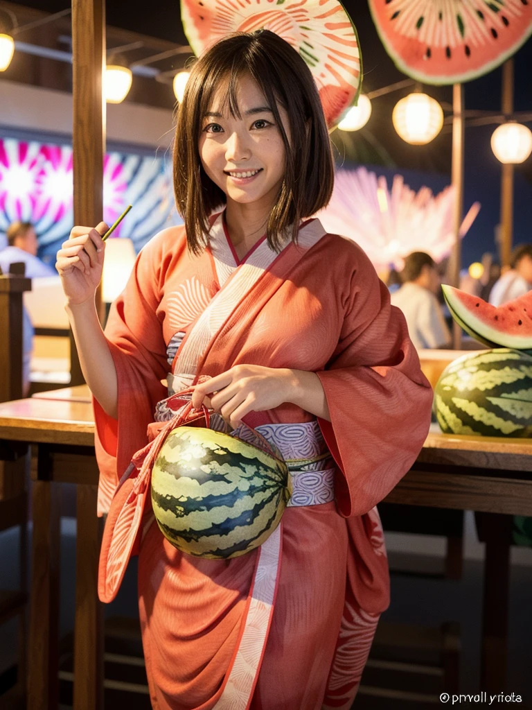 (((Watermelon patterned yukata)))、Super sexy and fiercely cute girl、Nighttime fireworks display