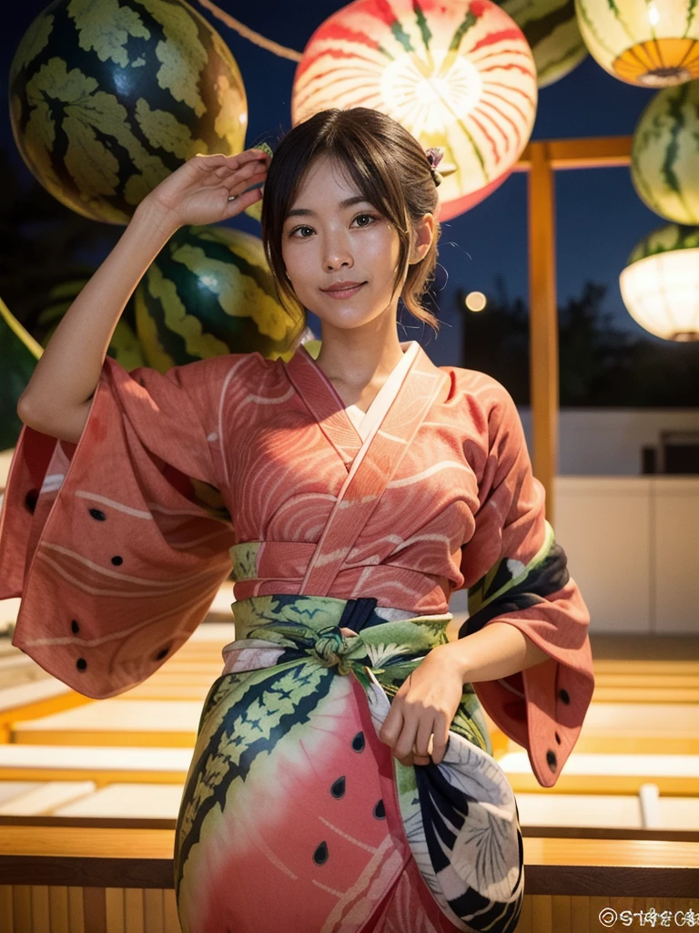 (((Watermelon patterned yukata)))、Super sexy and fiercely cute girl、Nighttime fireworks display