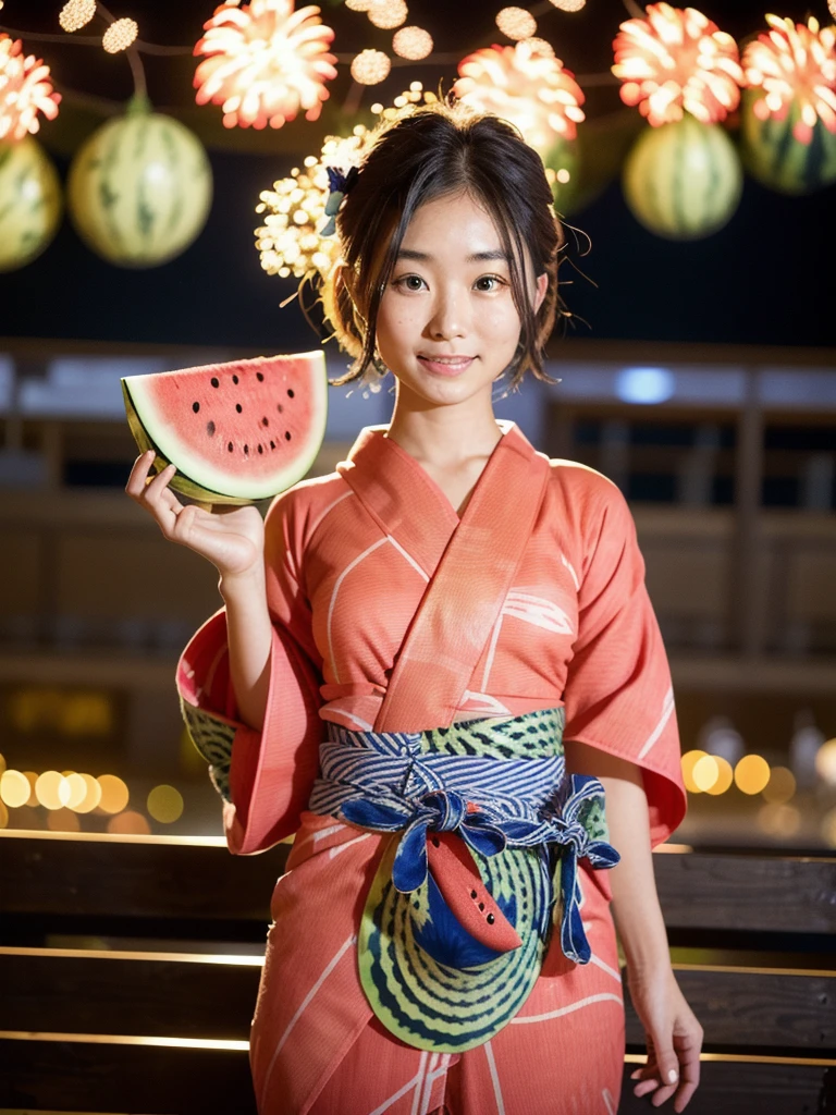 (((Watermelon patterned yukata)))、Super sexy and fiercely cute girl、Nighttime fireworks display
