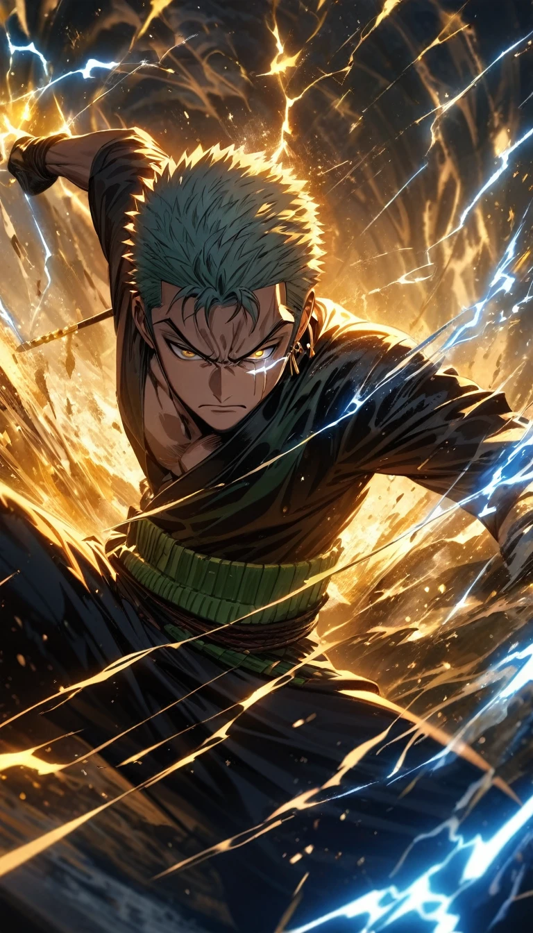 Symetrical,absurdres, highres, ultra detailed, HDR, masterpiece, extremely detailed face and eyes, roronoa Zoro , in original outfit,,, , solo, man, handsome, ,, , Epic fight scene, blue yellow water effect, yellow and blue lightning effect,glowing glitters