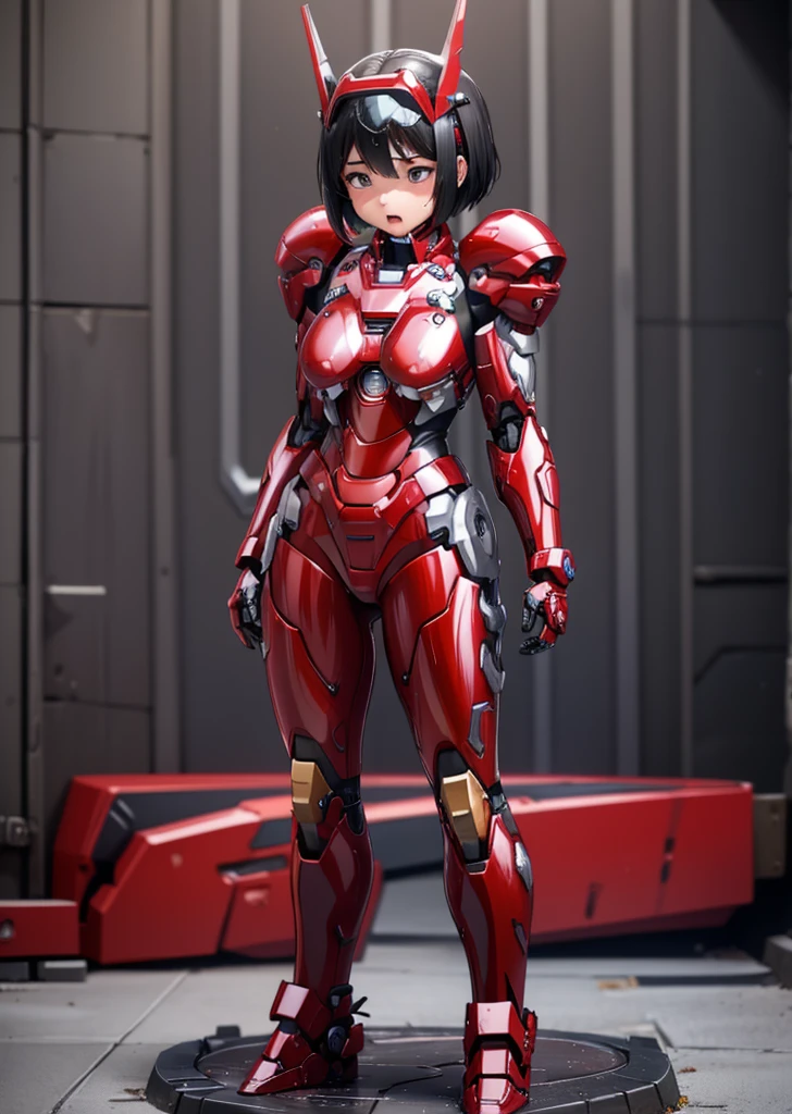 Female Iron Man(Red and Black)、shine、Shortcuts、Textured skin, Super detailed, Attention to detail, high quality, 最high quality, High resolution, 1080P, hard disk, beautiful,(Gundam),beautifulサイボーグ女性,Mecha Cyborg Girl,Battle Mode,Woman with a mechanical body,Full Body Shot、Visor of close-fitting headgear opens、I can see your true face　Expression of bitterness、Sweaty face、、Squint your eyes、、humid、Soaking wet、、Steam coming out of the head、Spread your legs、Embarrassed face、Open your mouth、Hold your face　Black-haired　Short-haired　Soaking wet　Many people are wearing the same clothes