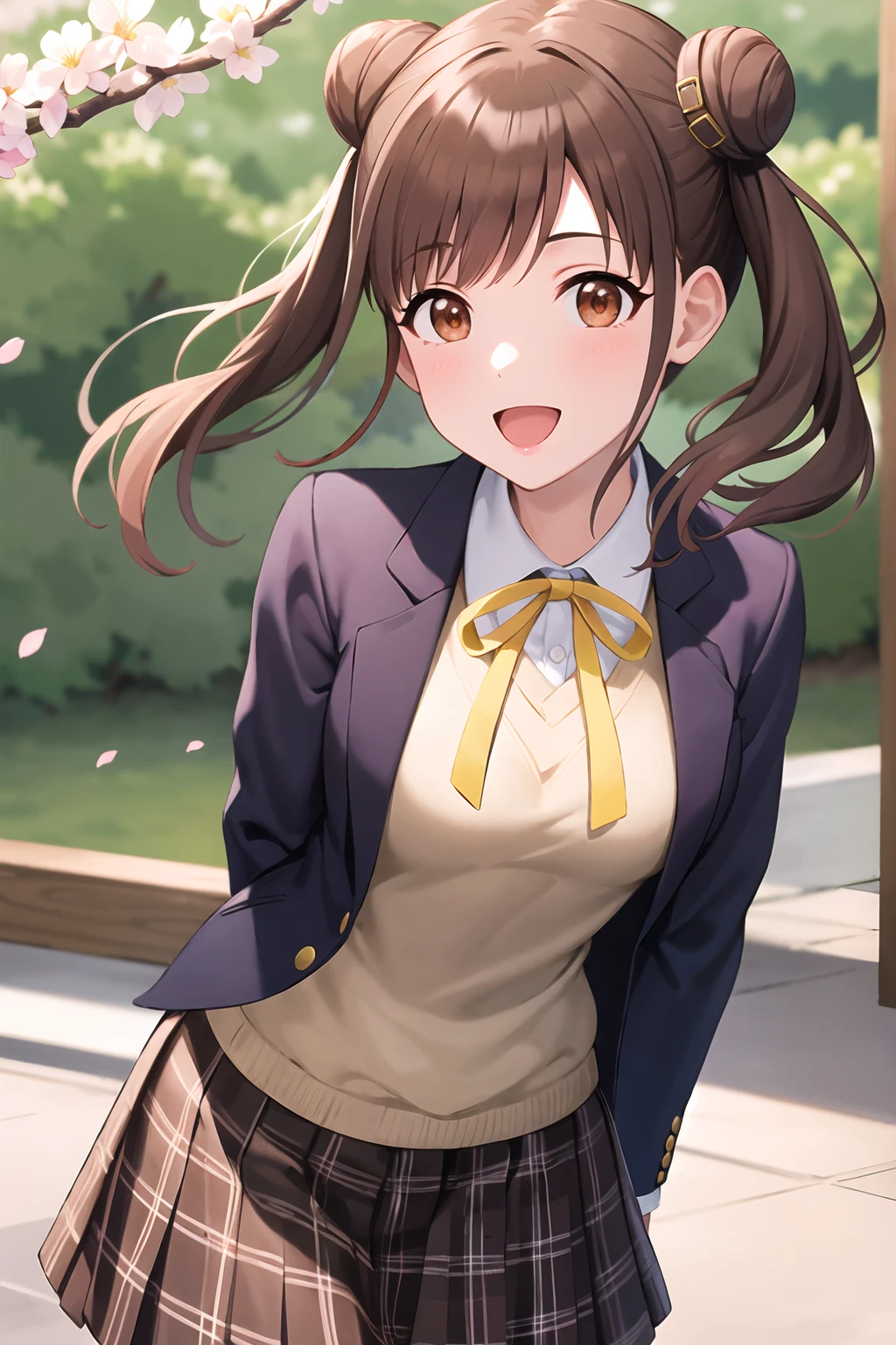 {{THE IDOLM@STER Shiny Colors}}, {{official style}}, aachiyoko, double bun, twintails, best quality, ((highly detailed)), masterpiece, best quality, highres, cowboy shot, seductive smile, neck ribbon, yellow ribbon, collared shirt, sweater vest, blazer, black jacket, open clothes, long sleeves, plaid skirt, brown skirt, outdoor, cherry blossoms, smile, leaning forward, standing, cowboy shot, open mouth, arms behind back,
