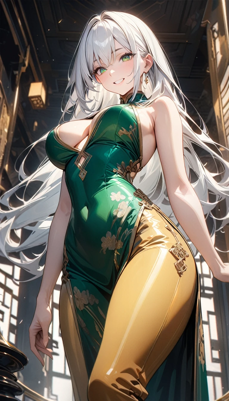 Adult woman, very long white hair, green eyes, tight green chinese dress, golden tight pants, wide neckline, open breasts, golden elements, smile, Masterpiece, best quality, Full HD, 8k, ultra details, great graphic