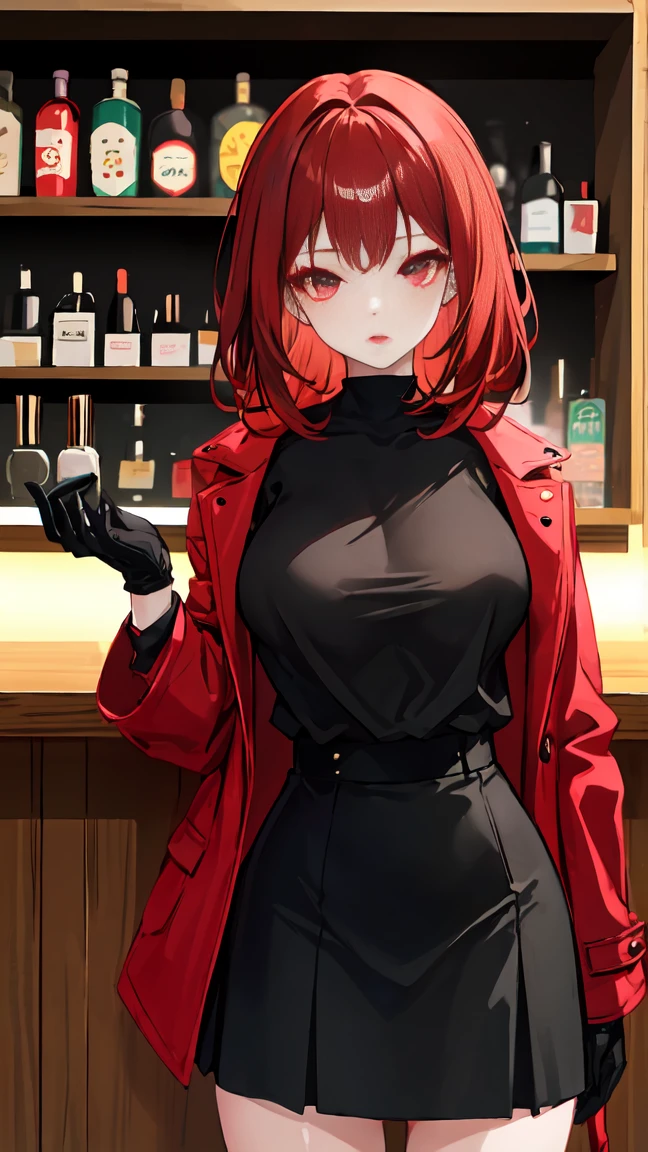 woman with dark red hair, with red eyeliner, makeup, light lipstick, red jacket, black gloves, tight black skirt, black shirt, in front of a bar
