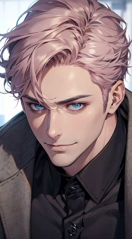 (best quality,4k,8k,highres,masterpiece:1.2),ultra-detailed,(realistic,photorealistic,photo-realistic:1.37),1 man,31 years old,mature man,very handsome,without expression,smile,short grey pink hair,blue eyes,penetrating gaze,perfect face without errors,imposing posture,businessman,office background,cinematic lighting,hdr image