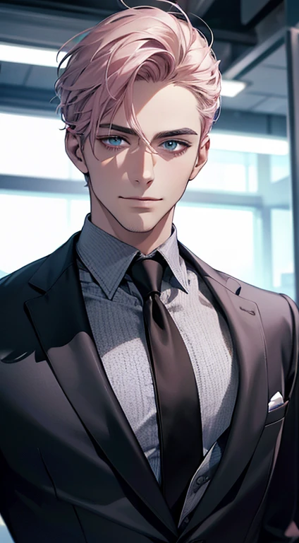 (best quality,4k,8k,highres,masterpiece:1.2),ultra-detailed,(realistic,photorealistic,photo-realistic:1.37),1 man,31 years old,mature man,very handsome,without expression,smile,short grey pink hair,blue eyes,penetrating gaze,perfect face without errors,imposing posture,businessman,office background,cinematic lighting,hdr image