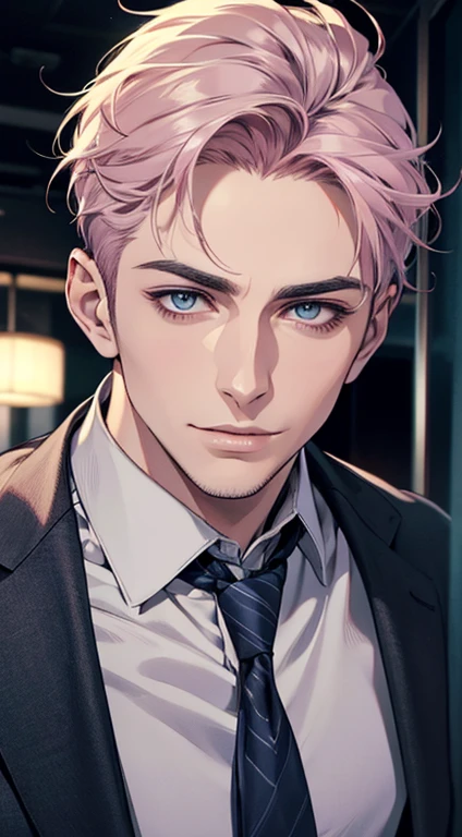 (best quality,4k,8k,highres,masterpiece:1.2),ultra-detailed,(realistic,photorealistic,photo-realistic:1.37),1 man,31 years old,mature man,very handsome,without expression,smile,short grey pink hair,blue eyes,penetrating gaze,perfect face without errors,imposing posture,businessman,office background,cinematic lighting,hdr image