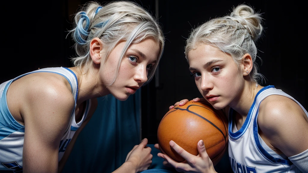 14 year old girl with white hair up, light blue eyes, White skin , small, upturned nose and very beautiful basketball player 