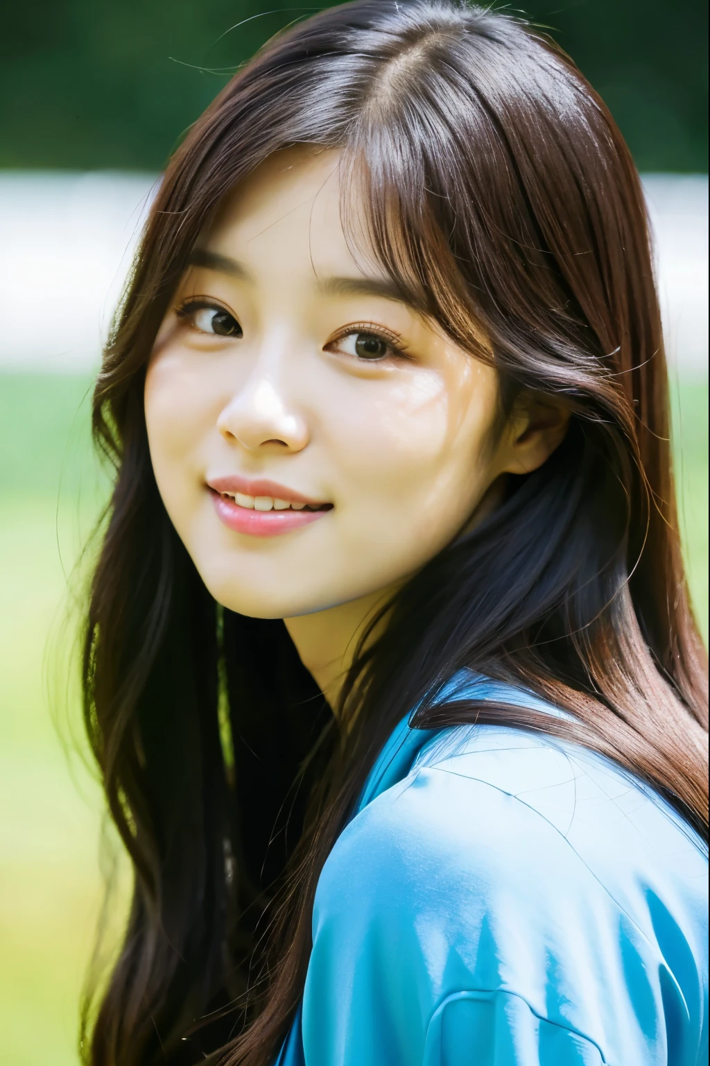 a close up of a woman with long hair wearing a blue shirt, wan adorable korean face, jaeyeon nam, park ji-min, korean idol, jisoo of blackpink, portrait of female korean idol, korean girl, hwang se - on, lee ji-eun, lee ji - eun, jisoo from blackpink, heonhwa choe, gongbi
