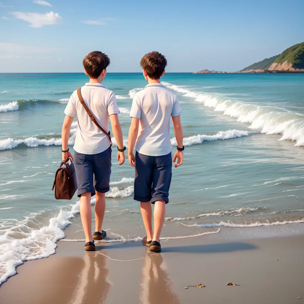 Two adult boy friends walk  in sea bech