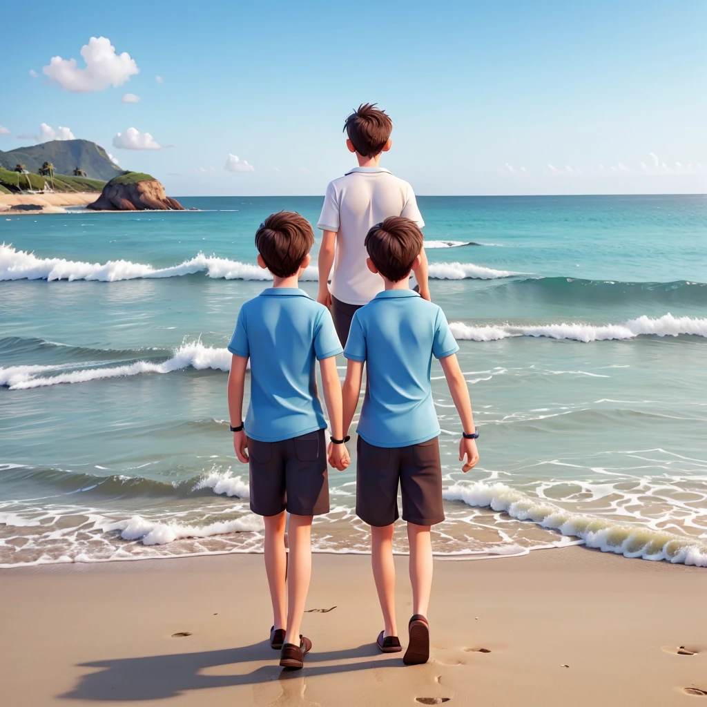 Two adult boy friends walk  in sea bech