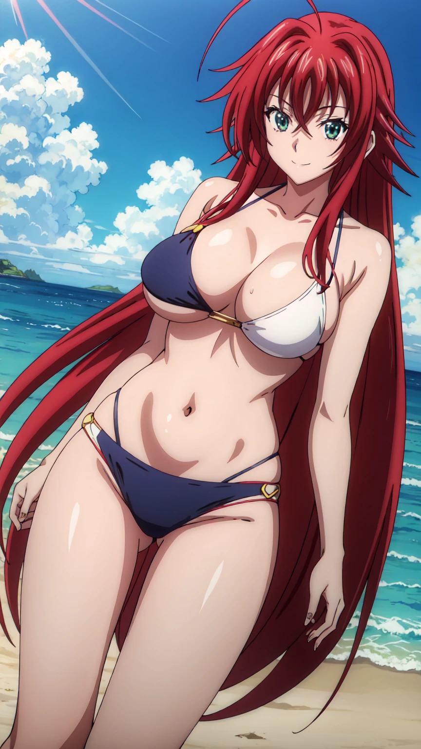 eft_dxd_rias, 1girl, rias gremory, long hair, solo, ahoge, red hair, breasts, hair between eyes, very long hair, large breasts, green eyes,Smiling, looking at the viewer, blue theme, blue background, cloudy sky, sunlight, sweat, orgasmic, bikini swimsuit, large breasts, cleavage, belly button exposed, collarbone, thighs, sea and beach,