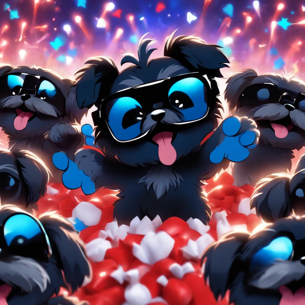 2 Adorable small happy black Shih Tzu puppies wearing sunglasses paws raised picnic fireworks red white and blue background
Pixar 3D cartoon