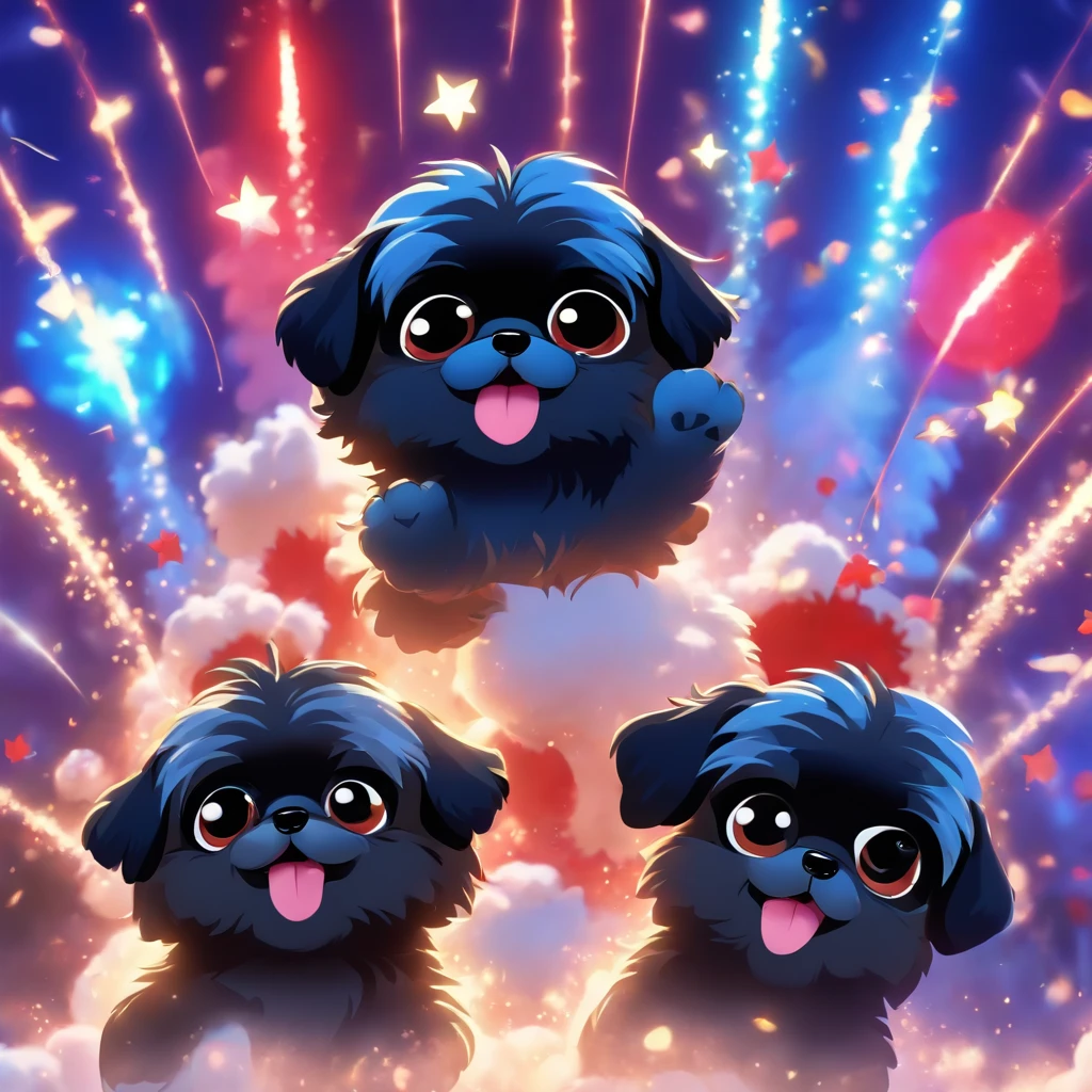 2 Adorable small happy black Shih Tzu puppies wearing sunglasses paws raised picnic fireworks red white and blue background
Pixar 3D cartoon