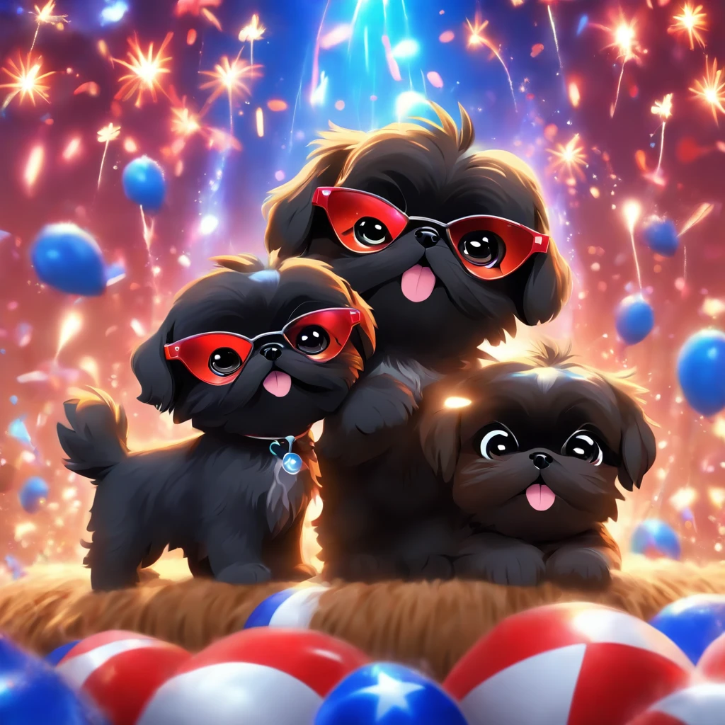 2 adorable small black shih tzu puppies, wearing bright bandanas and sunglasses, painting and making a mess, disney background, 3d cartoon, 3d render, disney pixar style, intricate details, soft lighting, vibrant colors, whimsical, photorealistic, 8k, best quality