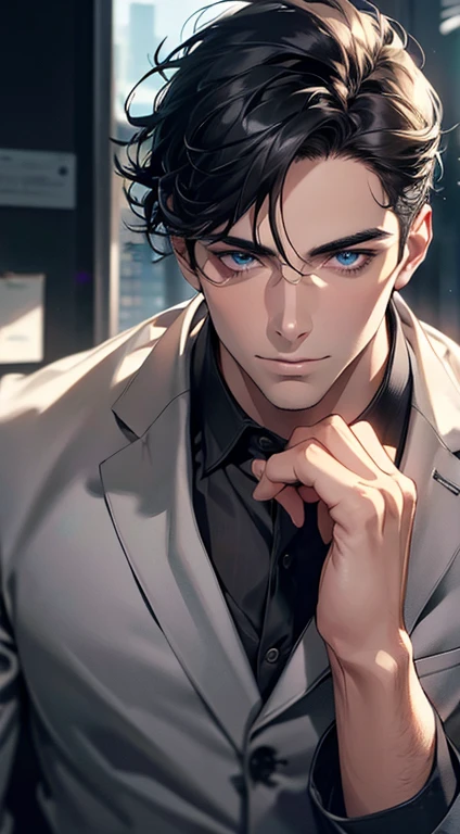 (best quality,4k,8k,highres,masterpiece:1.2),ultra-detailed,(realistic,photorealistic,photo-realistic:1.37),1 man,31 years old,mature man,very handsome,without expression,smile,short grey black hair,blue eyes,penetrating gaze,perfect face without errors,imposing posture,businessman,office background,cinematic lighting,hdr image