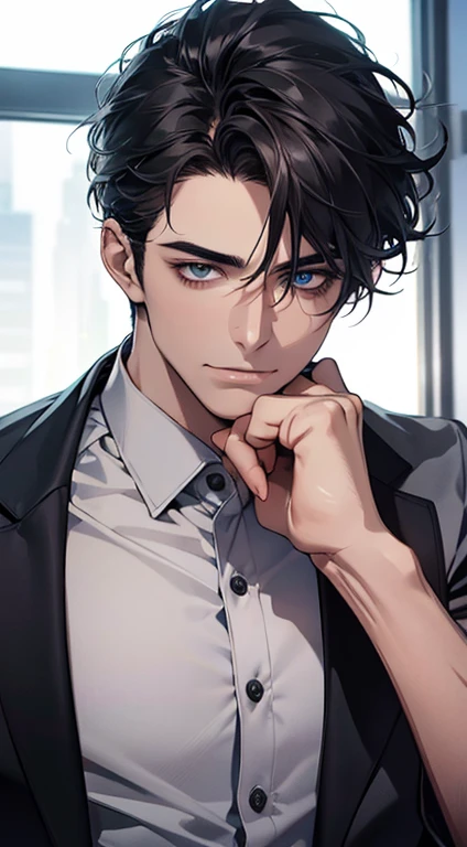 (best quality,4k,8k,highres,masterpiece:1.2),ultra-detailed,(realistic,photorealistic,photo-realistic:1.37),1 man,31 years old,mature man,very handsome,without expression,smile,short grey black hair,blue eyes,penetrating gaze,perfect face without errors,imposing posture,businessman,office background,cinematic lighting,hdr image