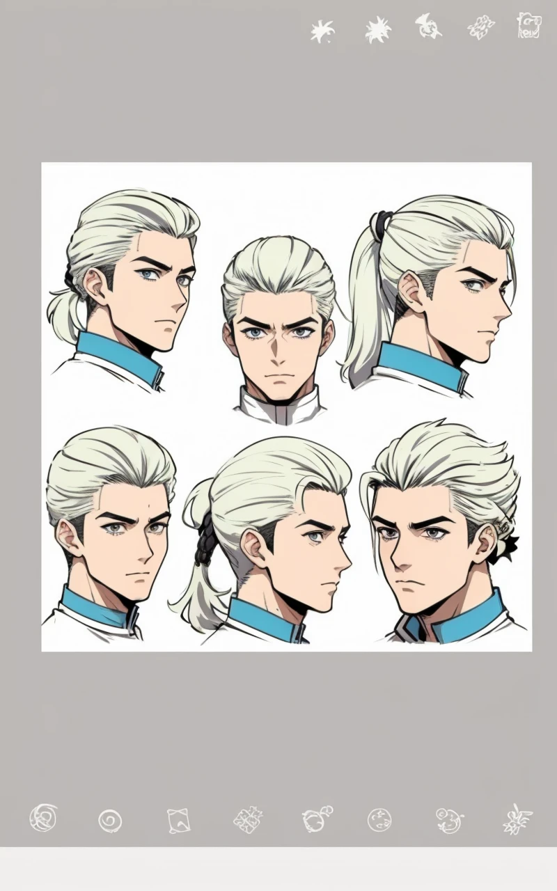 a close up of a person with a bunch of different hair styles, male anime style, xqc, character headshot concept art, kentaro miura art style, silver hair (ponytail), kentaro miura manga art style, anime handsome man, male character design, high quality character design, white ponytail hair, concept headshot art, anime character design, anime style character