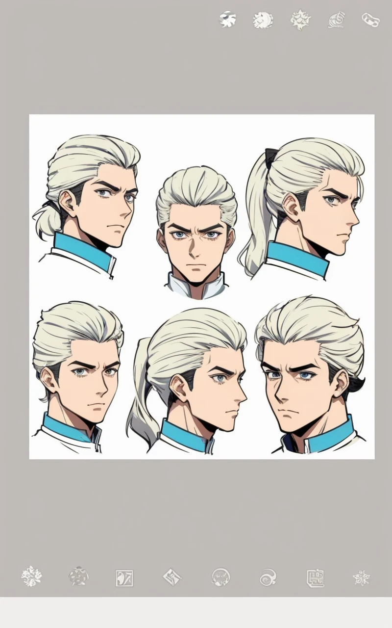 a close up of a person with a bunch of different hair styles, male anime style, xqc, character headshot concept art, kentaro miura art style, silver hair (ponytail), kentaro miura manga art style, anime handsome man, male character design, high quality character design, white ponytail hair, concept headshot art, anime character design, anime style character