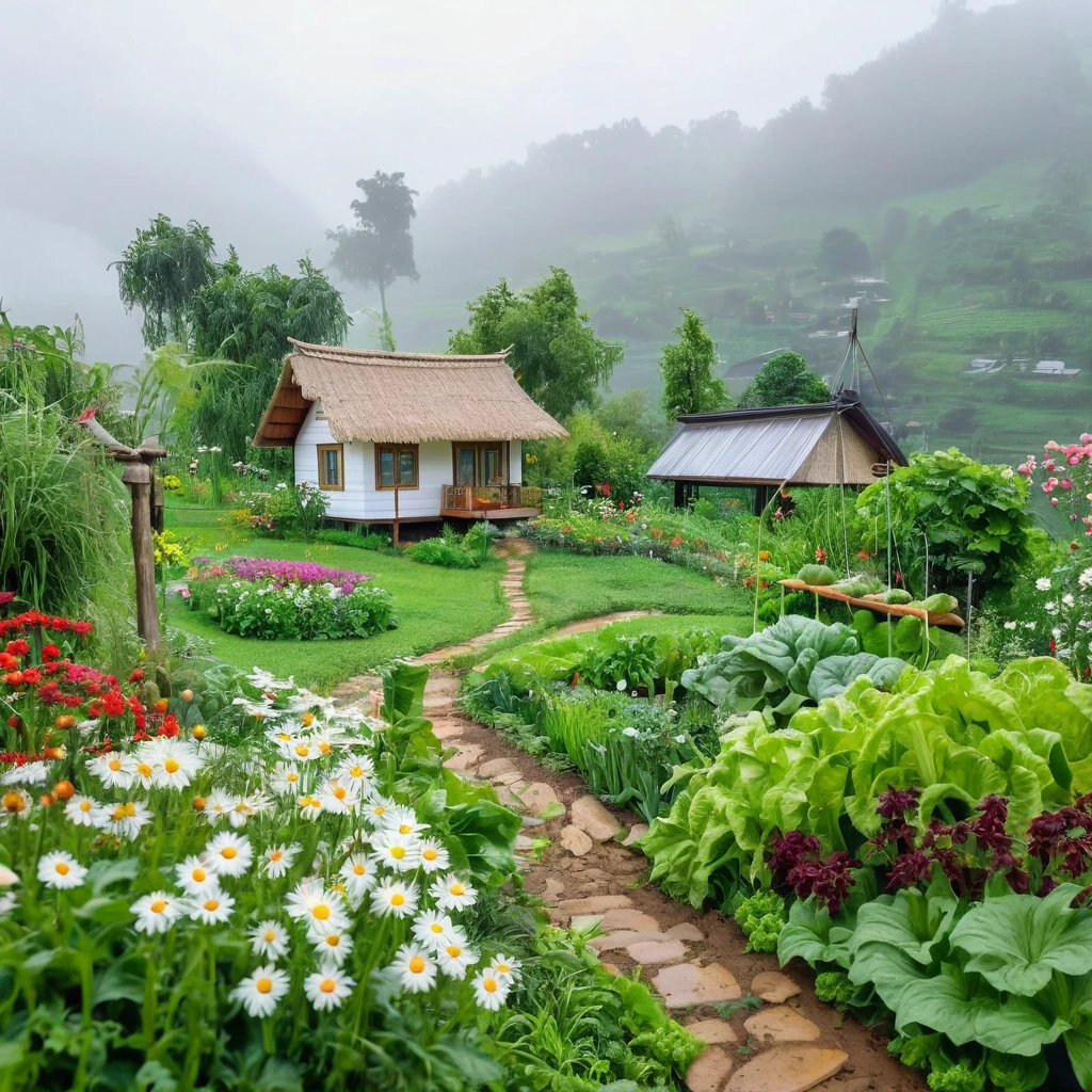 view from far, cottage, the sacred symbol of nature, A straw house on the hill (stilt house), garden around the house with vegetables, A pathway to the house with many flowers, white daisys. A swing in the yard. In front of the house is a valley with vegetables. scenery, a rainy day.