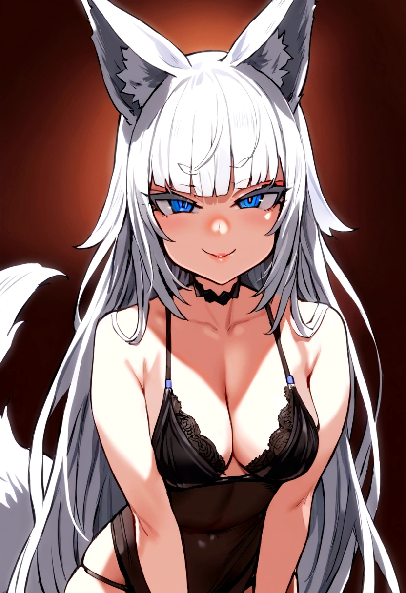 masterpiece, best quality, kitsune 1girl, solo, beautiful kitsune woman, fox ears, bangs, white hair, very long hair, blue eyes, smug, medium breasts, black choker, black bra, black panties,  5 white fox tails, white hair, cowboyshot, looking at viewer