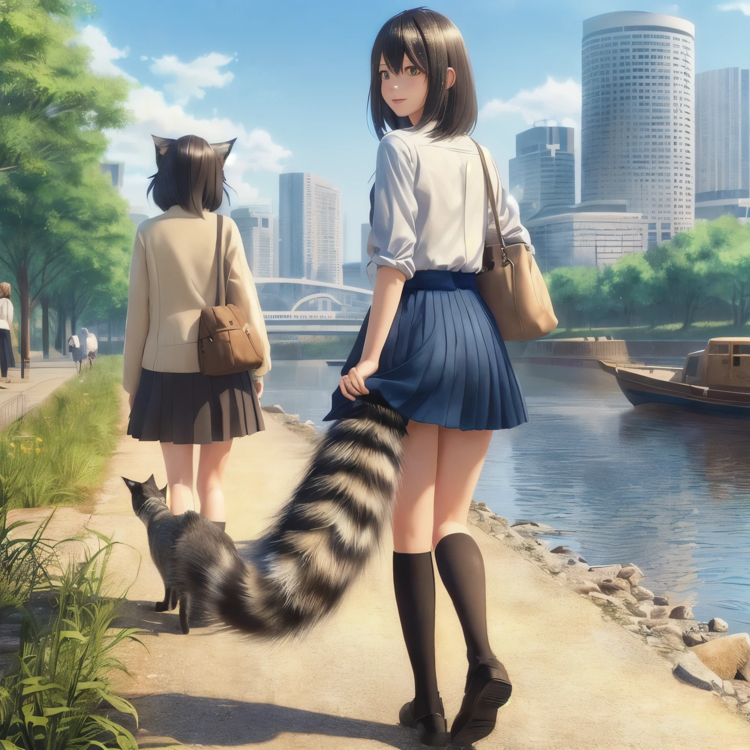 girl with a Catのしっぽ walking down a path next to a river, Catのしっぽ, Realistic 3d style, realistic Cat, Realism Style, Realistic style, style at pixiv, Smooth CG art, Hairy tail, Photo Real, Catgirl, Cat, Real artstyle, beautiful Catgirl, photograph, Highest quality