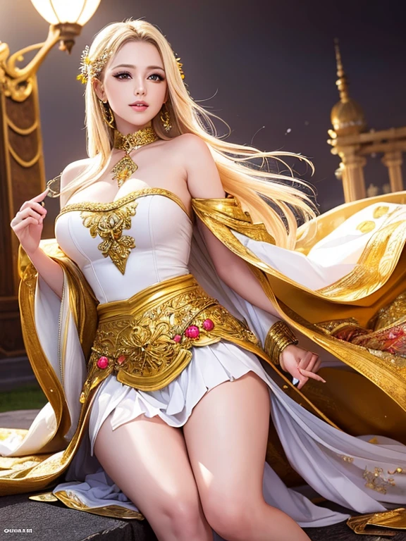 (Highest quality,Super detailed,High resolution,masterpiece,8K),Bright and vibrant colors,Official artwork,Greek white costume,Stylish makeup,Mid-length, shiny blonde hair fluttering in the wind,Captivating eyes,Glossy Lips,Beautiful woman with ample breasts,Beautiful neck line, Holding,Captivating smile,whole body,A solemn atmosphere,Old Temple,garden,,Detailed CG,