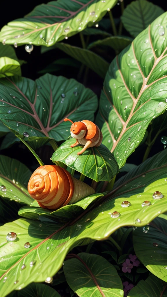 A closeup of a snail with a human face, sitting on a hydrangea leaf after the rain, with water droplets on the leaves