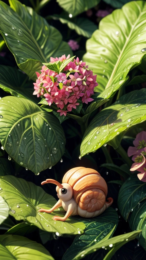 A closeup of a snail with a human face, sitting on a hydrangea leaf after the rain, with water droplets on the leaves