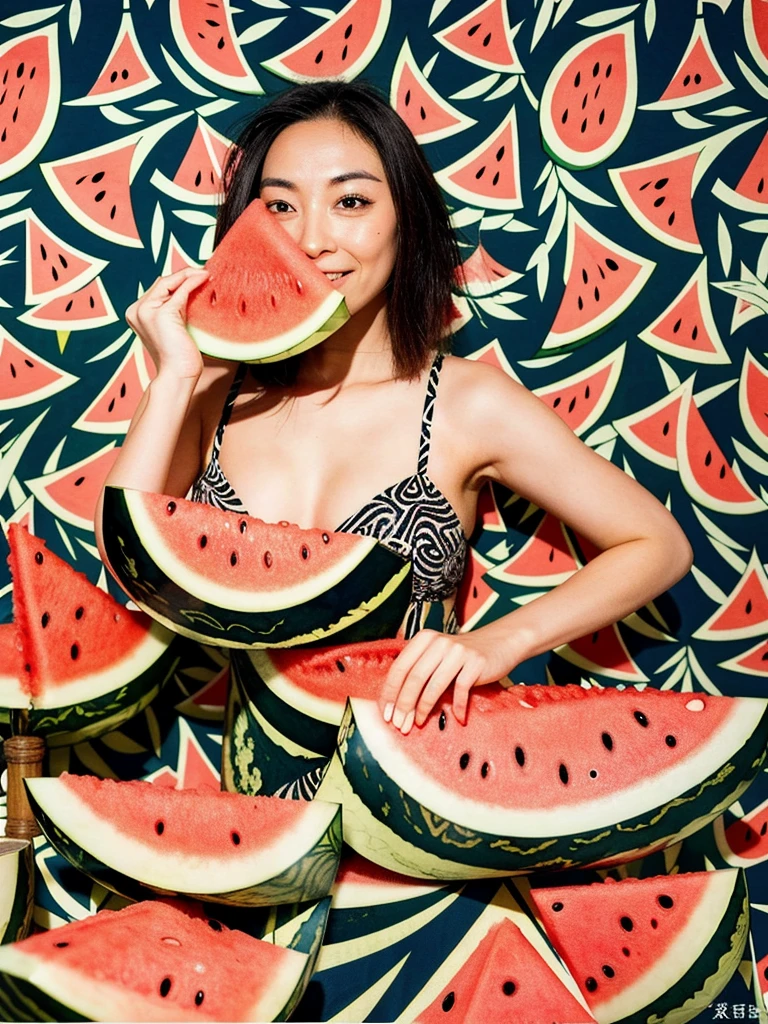 (((Watermelon patterned yukata)))、Super sexy and fiercely cute girl、Nighttime fireworks display