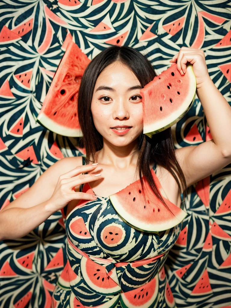 (((Watermelon patterned yukata)))、Super sexy and fiercely cute girl、Nighttime fireworks display