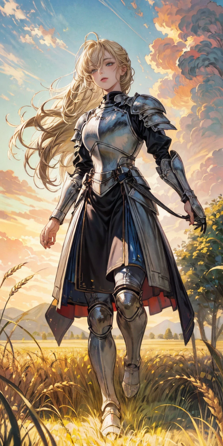 stunning painting of a knight with blonde hair, wheat field, epic clouds ((painterly)) ((impressionist)) vibrant, soft edges (((warm glow))) full body whole body view from below 1sologirl, feet together