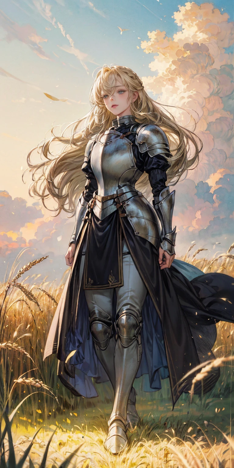 stunning painting of a knight with blonde hair, wheat field, epic clouds ((painterly)) ((impressionist)) vibrant, soft edges (((warm glow))) full body whole body view from below 1sologirl, feet together