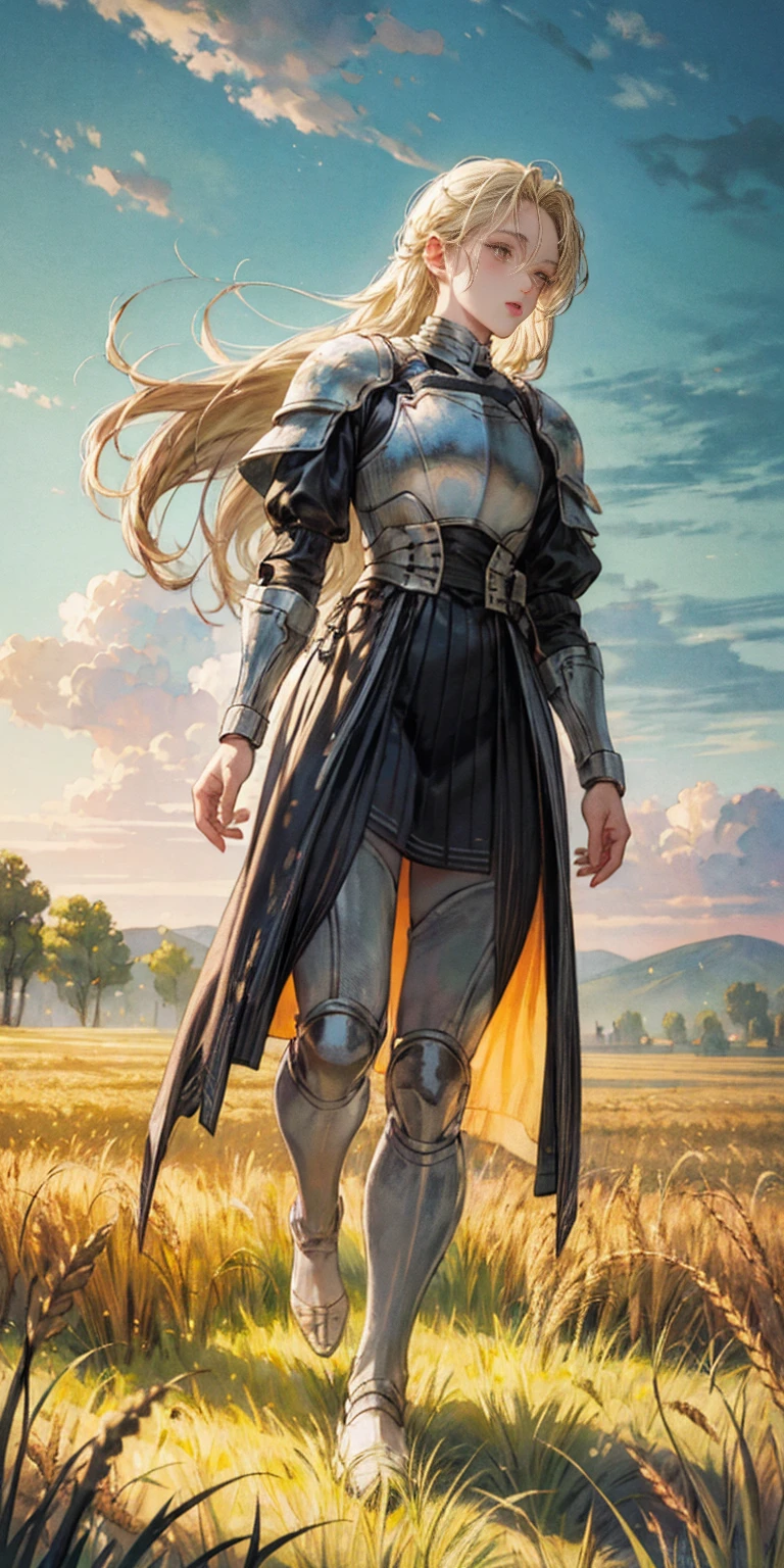 stunning painting of a knight with blonde hair, wheat field, epic clouds ((painterly)) ((impressionist)) vibrant, soft edges (((warm glow))) full body whole body view from below 1sologirl, feet together