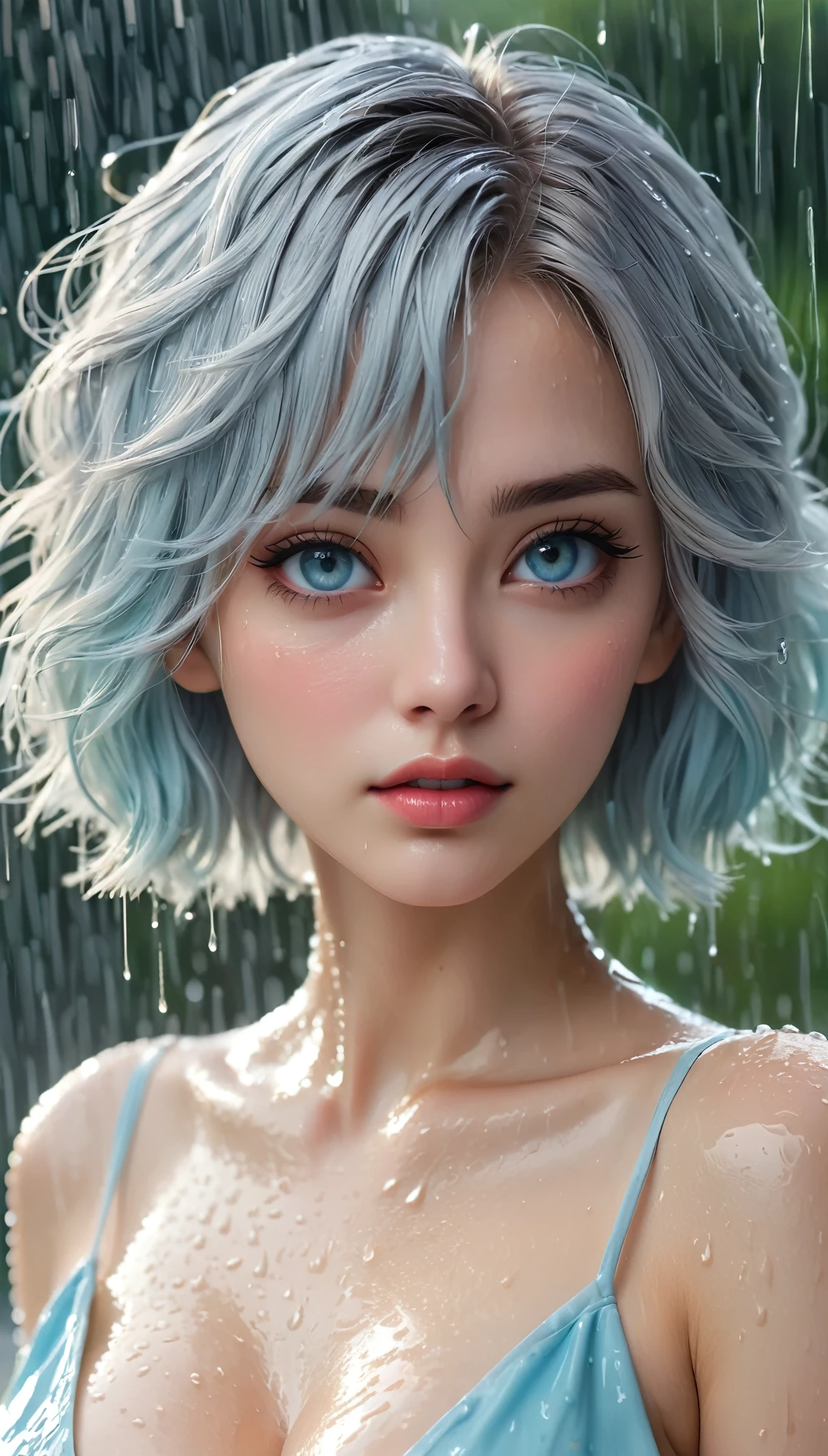 (best quality, masterpiece :1.3), pretty Woman, 1 girl, (Large Breasts, Beautiful clavicle, Attractive figure :1.2), short hair, Wavy ends, Silver hair gradient light blue hair, messy hair, single sidelock, (wet from rain, get wet by rain, wet :1.2), Sky blue gradient cyan eyes, pupils reflect surroundings, super detailed face, delicate lips, exquisite eyes, double eyelids, long upper eyelashes, upturned eyes, pupils sparkling, 16k, high details