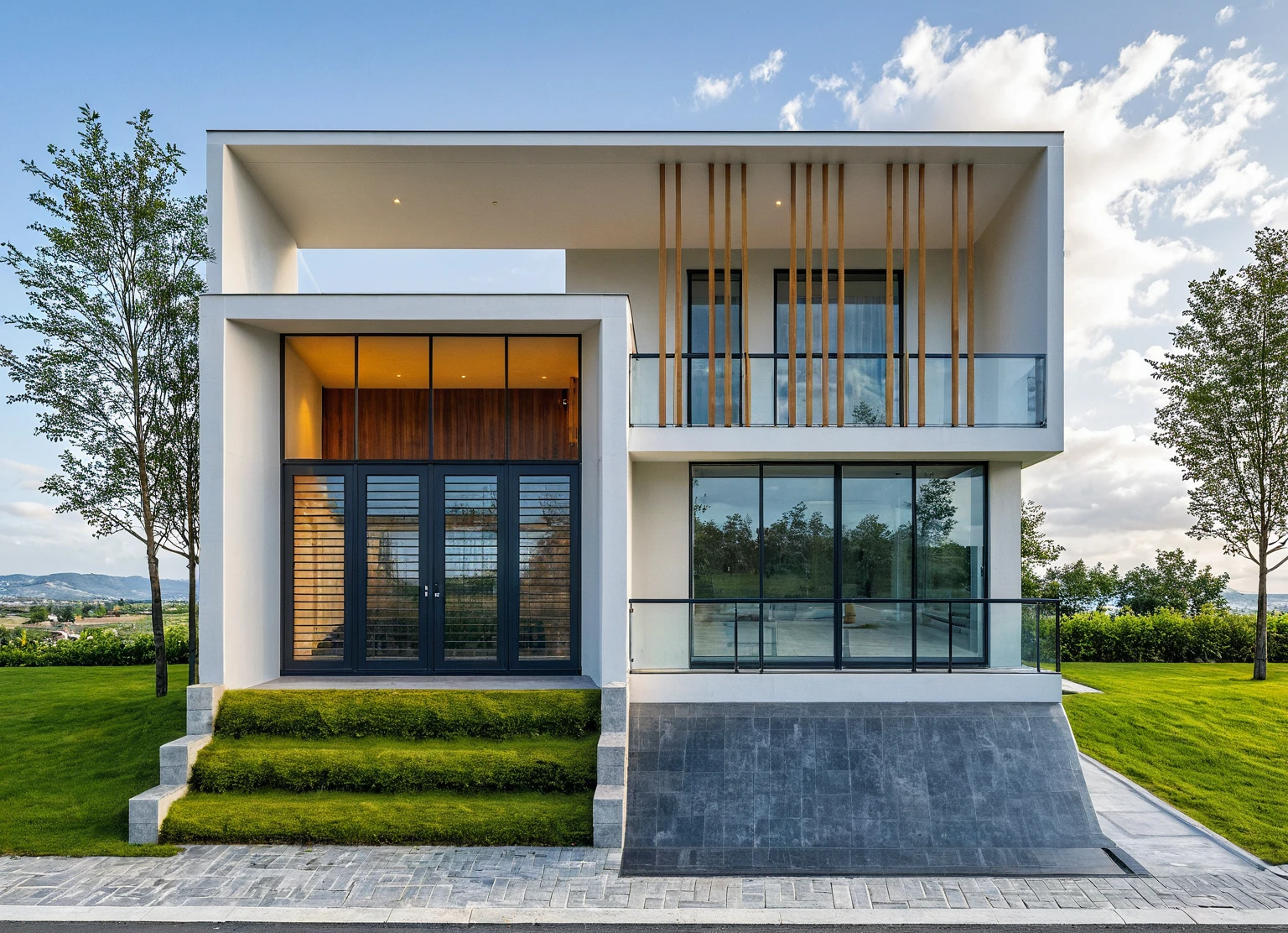 Masterpiece, high quality, best quality, authentic, super detail, outdoors, onestoreyvillaXL, aiaigroup, house style modern on the street ,stairs, white wall ,road,pavement, grass, trees, sky, cloud, (daylight:1.1)
