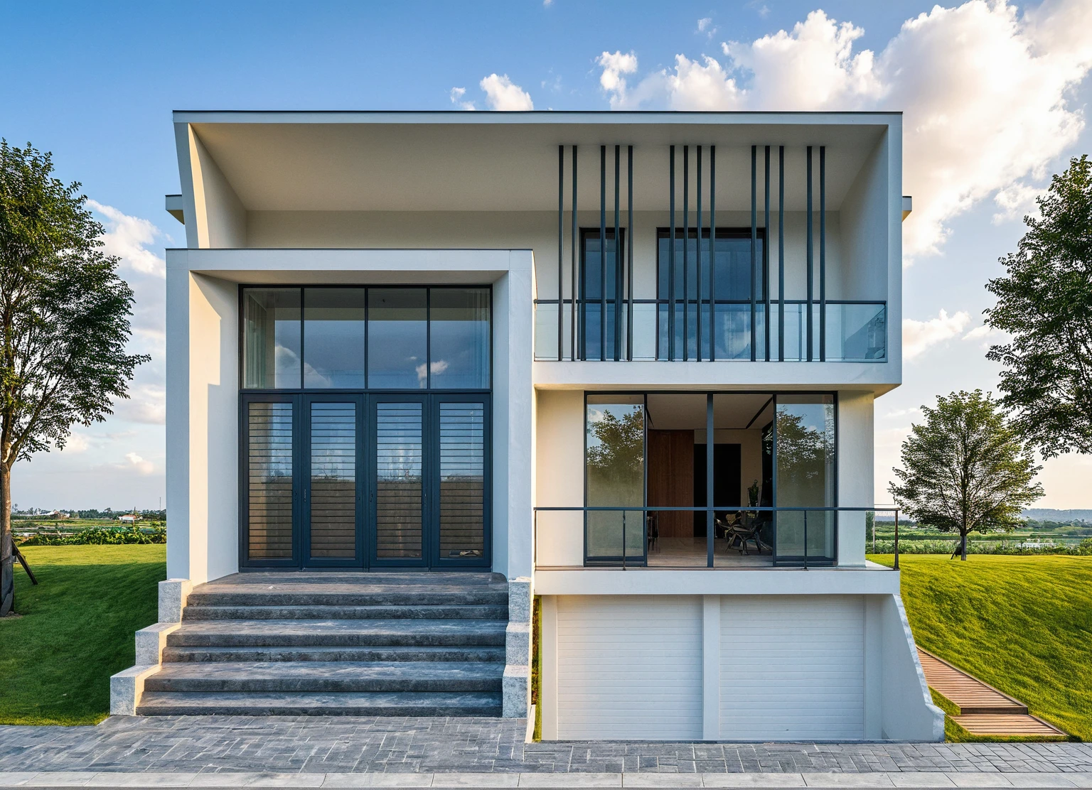 Masterpiece, high quality, best quality, authentic, super detail, outdoors, onestoreyvillaXL, aiaigroup, house style modern on the street ,stairs, white wall ,road,pavement, grass, trees, sky, cloud, (daylight:1.1)
