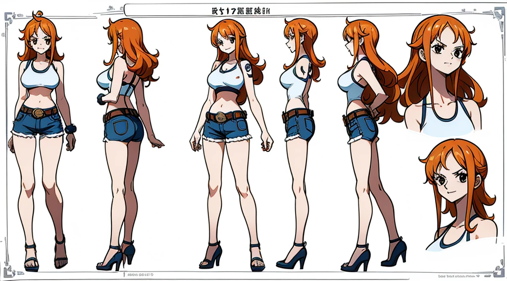 ((Best Quality)), ((Masterpiece)), (((detailed character sheet, frontal view, side view, three quarter view))) white background、one piece、US、whole body、whole bodyイラスト、whole bodyアニメーション、whole bodyリファレンスシート、denim、Tank top、High heels、Swimwear、比基尼、original、New World、Long Hair、Orange Hair、Tattoo on left arm、Ring belt、Heighten your head、smile、Cute face、Big Breasts、Narrow waist、Long legs、Beautiful feet、9 heads、slender、Slender、Slimming